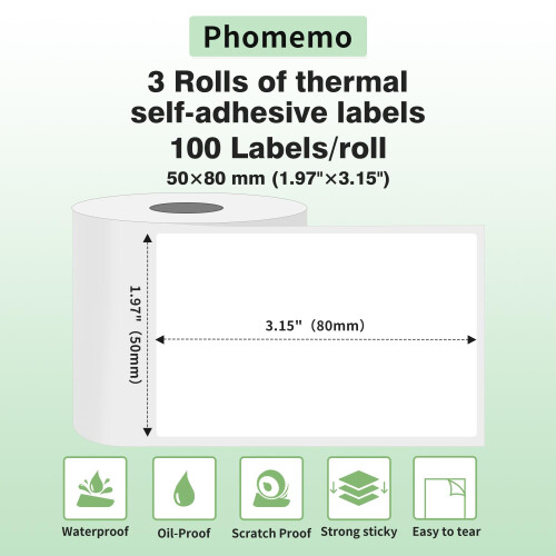 Phomemo 3 Rolls M110 Label, 1.97"x3.15" (50x80mm), 300 Labels, White Rectangular Thermal Labels for Phomemo Printers 1