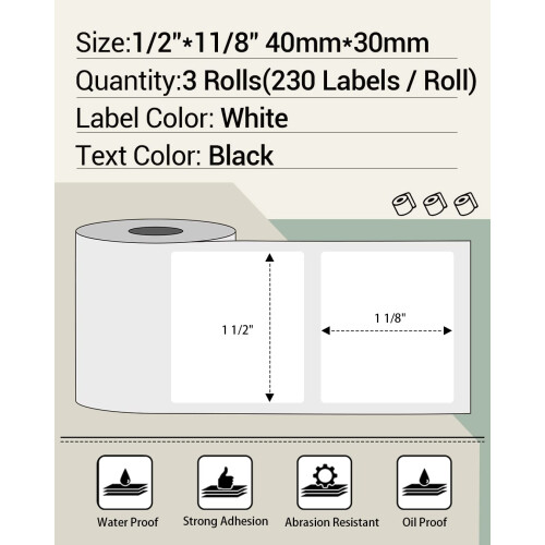 Phomemo 3 Rolls M110 Label, 1.57?x1.18? (40x30mm), 690 Labels, White, Rectangular, Thermal Label 1