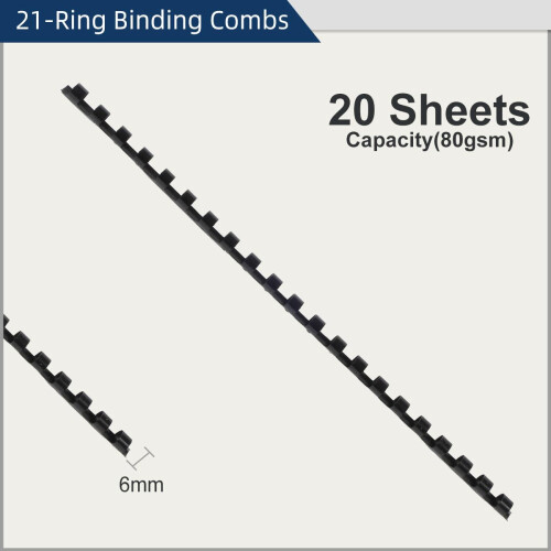 RAYSON Plastic Binding Combs, 21 Ring 20-Sheets (80gsm 20lb) Capacity, 6mm Black A4 Comb Binder Spines, Pack of 100 2