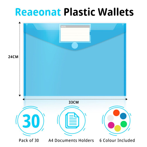 A4 Plastic Wallets, 30 Pack File Folders for Document Paperwork Clear Assorted Coloured Envelope with Label Pocket Velcro Button Home School Travel 1
