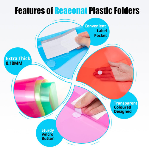 A4 Plastic Wallets, 30 Pack File Folders for Document Paperwork Clear Assorted Coloured Envelope with Label Pocket Velcro Button Home School Travel 2