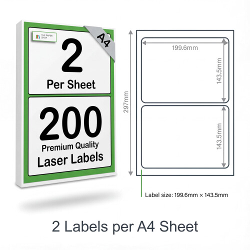 [200 Labels] Self Adhesive White Sticky Printer Labels for A4 Printer 2 per Sheet | A5 Sticky 2 per A4 Sheet Address Labels | Laser Printer Labels 2 1