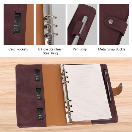 FYY Leather A5 Ring Binder Notebook - Dark Brown, 6-Ring Binder with A5 Refill Papers 2