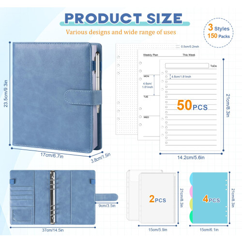 Agoer A5 Ring Binder Notebook,150 Sheets Refill Papers,Leather Planner Notebook with Dividers,6 Ring Binder Notebook with pockets and Zipper Envelopes 1