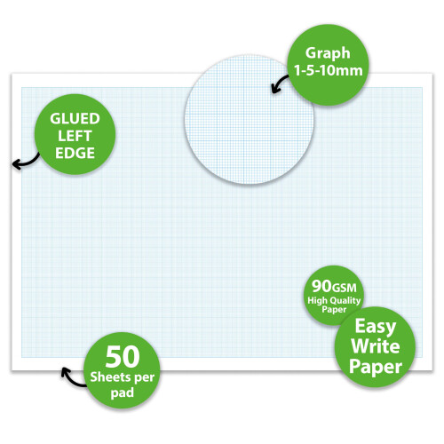 A3 Graph Pad x 50 Sheets of Smooth White 90gsm Paper with 1-5-10mm Graph. Ideal for Technical Drawing, Plotting Graphs, Drafting Designs (Ref. 70390) 2