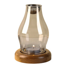 Glass Cover Incenses Holder Stove Lamp with Wooden Base-Clear