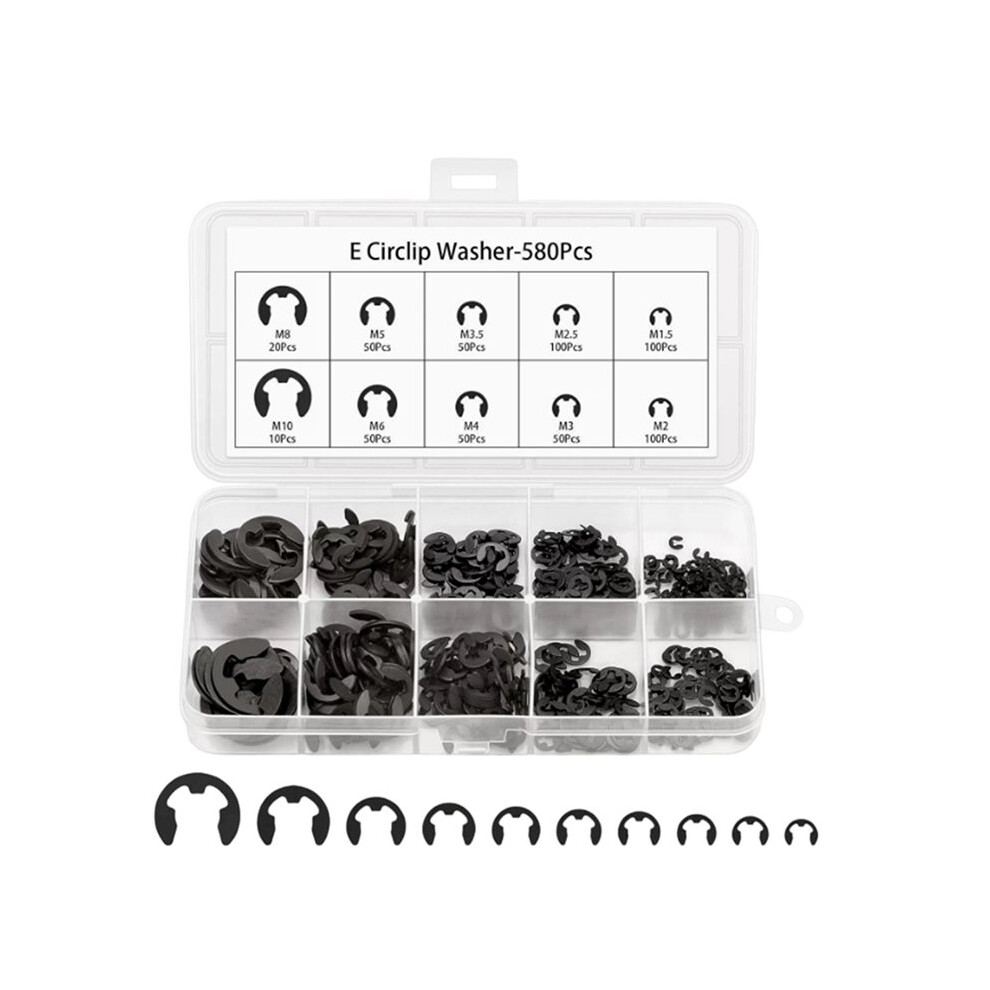 580Pcs Black Carbon Steel E-Clip Kit,10 Sizes External Retaining Rings(M1.5-M10) For Bearings, Gears, Pulleys 4714239702340