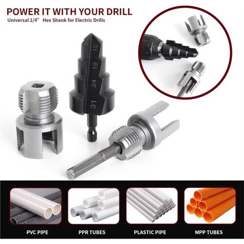 3Pcs PVC Pipe Threading Tool Kit, Includes 1/2" & 3/4" Internal/External Thread Cutters, Reamer and Step Drill Bit