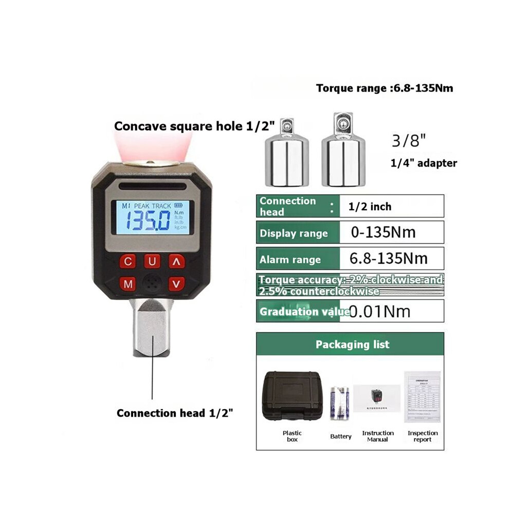 Digital Torque Adapter For 1/2" Drive Ratchet Wrench Led Display And Trace Modes Audible & Visual Alerts 3-60Nm 6034187814437