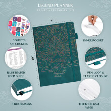 Legend Planner PRO ? Undated Weekly & Monthly Life Planner for Goals & Productivity. Time Management Organizer Notebook, 18x25.5cm (Dark Teal)