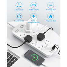 3M Extension Lead with 4 USB Slots, 8 Way Outlets Power Strip with 1800J Surge Protection, Double Switch Plug Extension with 10FT Braided Extension C