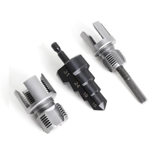 3Pcs PVC Pipe Threading Tool Kit, Includes 1/2" & 3/4" Internal/External Thread Cutters, Reamer and Step Drill Bit 1