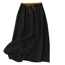 Women's Cotton Linen Blend Skirt High Waist Retro-Black XL