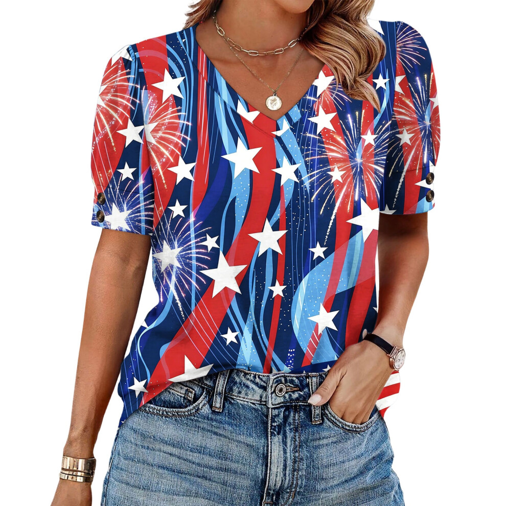 Blue Women's American Flag T-Shirt July 4Th Commemorative- L