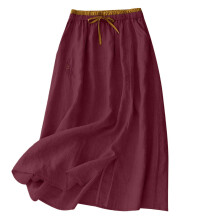 Womens Loose Fit Skirt Cotton Linen Fabric High-brick red XXL