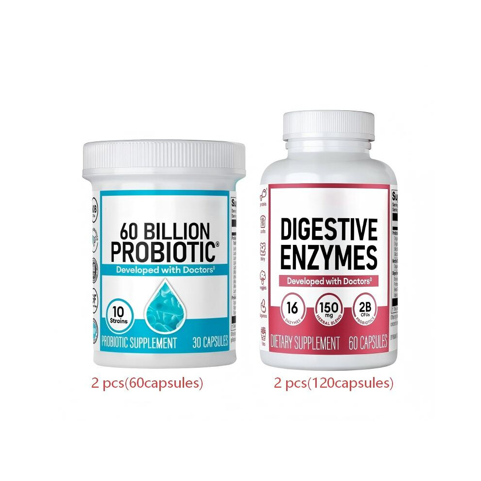 (Value Bundle) Advanced Gut Health Bundle: 60 Billion Probiotics 30ct  Digestive Enzymes 60ct for Digestive, Gut, and Immune Health Supports