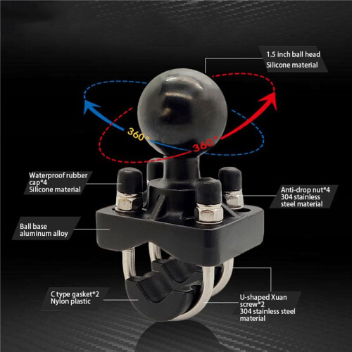 2X Base de Montagem em Trilho de Guiador para Motocicleta com Parafuso Duplo em U com Esfera de 1,5 Polegadas para Câmera  para  para 2