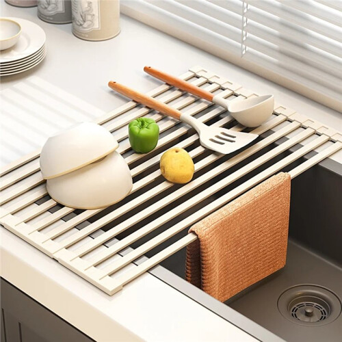 304 Stainless Steel Kitchen Drain Rack, Foldable Sink, Drain Basket, Sink Storage Rack, Roller Shutter, Silicone Drain 2