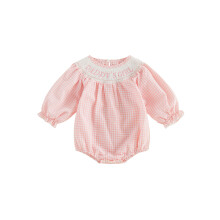 (0-3 Months, Pink) Baby Girls Plaid Romper Fashionable Letters Embroidery Crew Neck Long Sleeve Bubble Jumpsuit