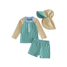 (6-12 Months, Dark Green) Baby Boys Swimsuit Set Contrast Colors Striped Zipper Rash Guard and Swim Trunks and Hat Swimwear Beachwear