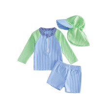 (6-12 Months, Blue) Baby Boys Swimsuit Set Contrast Colors Striped Zipper Rash Guard and Swim Trunks and Hat Swimwear Beachwear