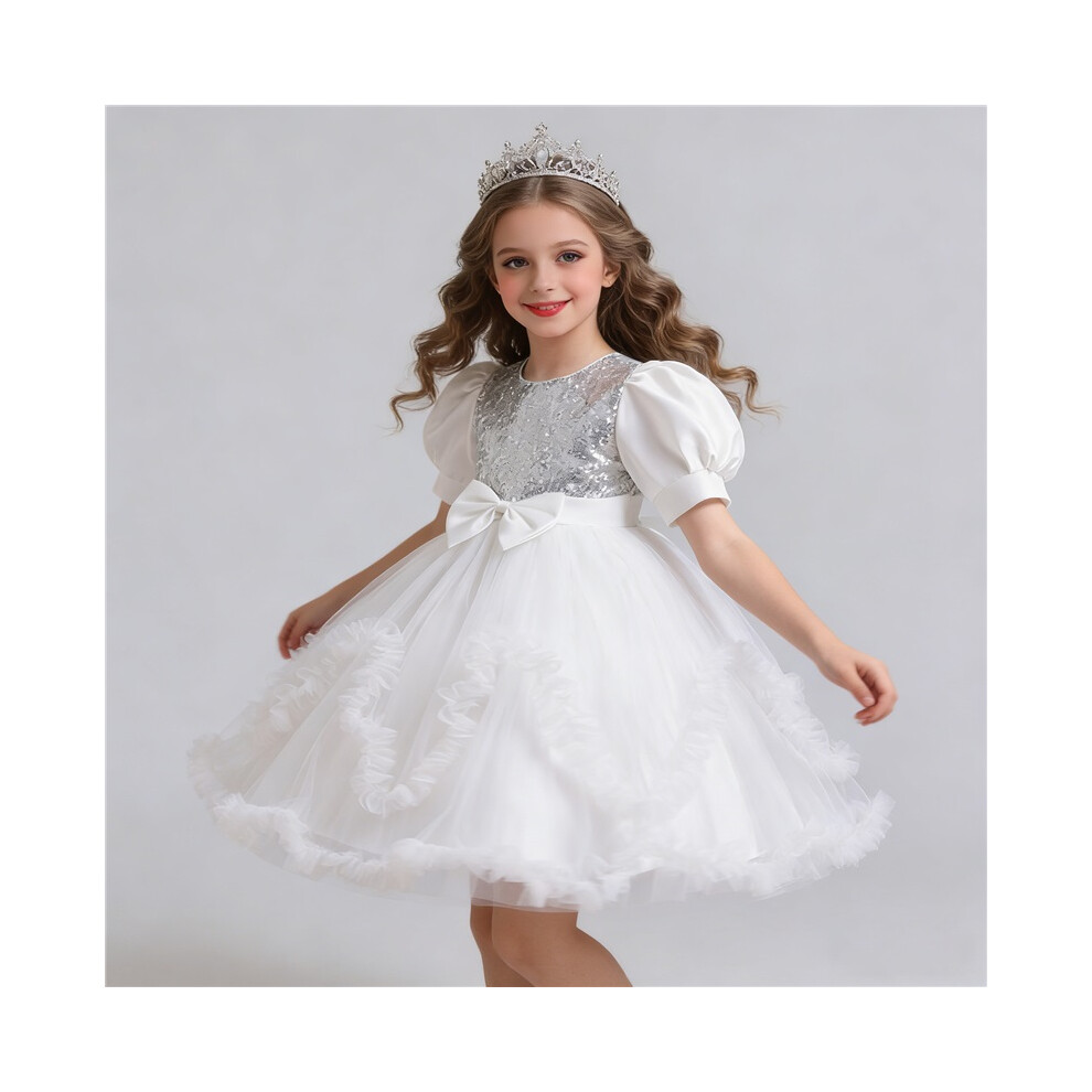 Photos - Fancy Dress  Girls princess dress with bow, sequins, puffy mesh skirt, host piano performance Christmas(White, 150cm)