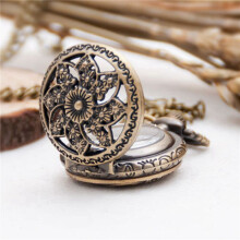 2X Fashion Vintage Retro Bronze Quartz Watch Pocket Chain Pendant Necklace (Lotus)