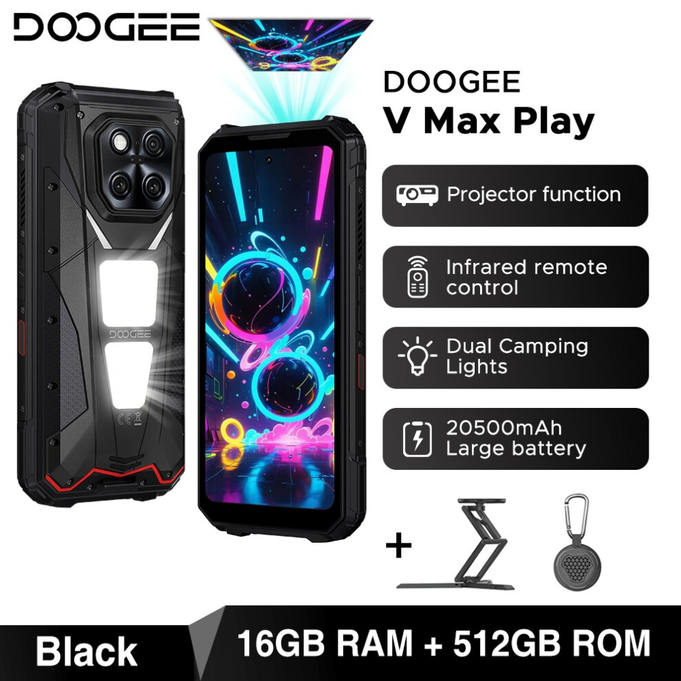 ( Set) Doogee V Max Play 5G Projector Rugged Phone 6.78" 20500Mah 16 Gb 512Gb,Battery Dimensity 7300 Phone Black 4027021855538