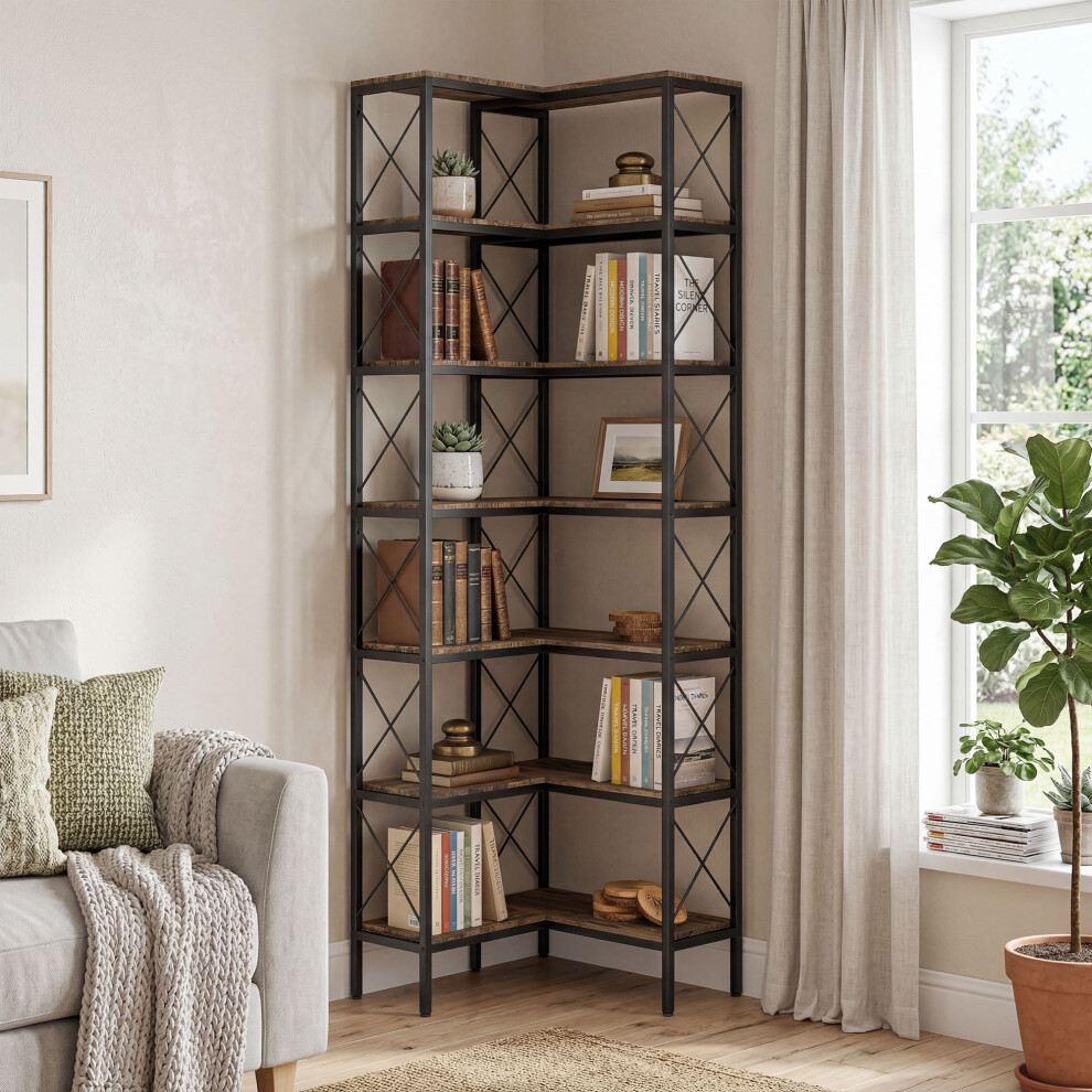 Homcom L-Shaped Bookshelf, 6-Tier Bookcase With Metal Frame, Rustic Brown