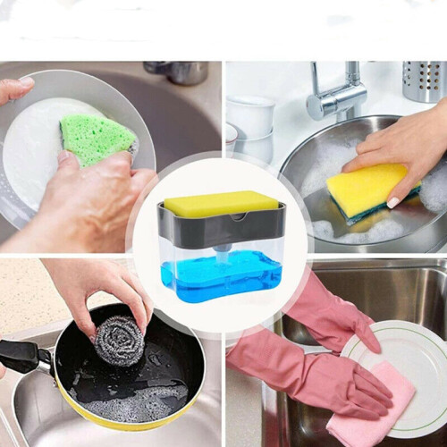 (Silver) 2 In 1 Manual Press Liquid Soap Dispenser Pump Sponge Caddy Storage Container 2