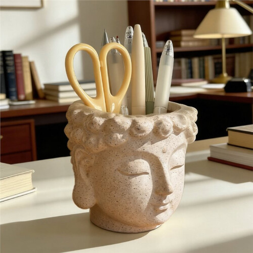 Buddha Statue Pen Holder - Home Storage Ornament for Office Desktop Beige