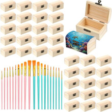 36Pcs Wooden Boxes for Crafts with 20 Paintbrushes,3.5 X 2.2 X 2 Inch Unfinished Wooden Treasure Chests for Jewelry Gift