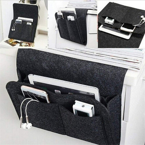(Dark gray) Felt Bedside Table Storage Bag Remote Control Book Organizer Sofa Hanging Tablet Holder 1