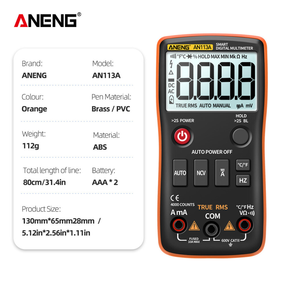 (Orange) An113a Intelligent Auto Measuring True Rms Digital Multimeter 4000 Counts 320997835882