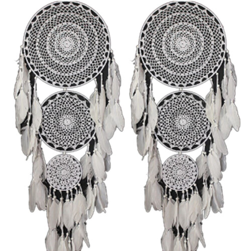 2X Extra  Boho Dream Catcher con 3 CíRculos Colgante de Macramé de Plumas Blancas