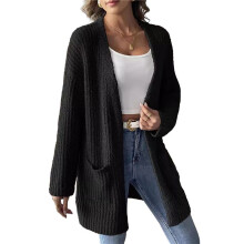 Open Front Women Casual Fall Sweater Long Sleeve with Pockets Sweater Cardigan Black L