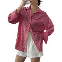 Chemises Boutonnées pour Femmes, Chemises Habillées à Rayures, Manches Longues, Revers, Chemises de Travail de Bureau, Hauts Grand Rouge M
