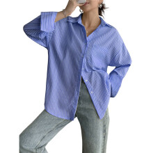 Chemises Boutonnées pour Femmes, Chemises Habillées à Rayures, Manches Longues, Revers, Chemises de Travail de Bureau, Hauts Bleu M