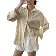 Chemises Boutonnées pour Femmes, Chemises Habillées à Rayures, Manches Longues, Revers, Chemises de Travail de Bureau, Hauts Kaki S