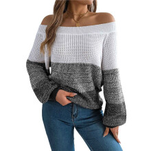 Women Crochet Knit Casual Color Block Off Shoulder Trendy Sweaters Pullover Lantern Sleeve Warm Tops Black XL