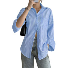Chemises Boutonnées pour Femmes, Chemises Habillées à Rayures, Manches Longues, Revers, Chemises de Travail de Bureau, Hauts Bleu Ciel S