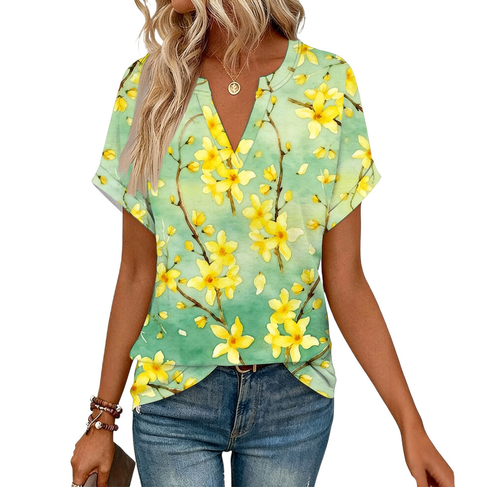 Green Women's Short Sleeve V-Neck Blouses, Work Blouses,- Xxl