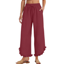 Women's linen wide-leg trousers with pleats,-Burgundy XXL