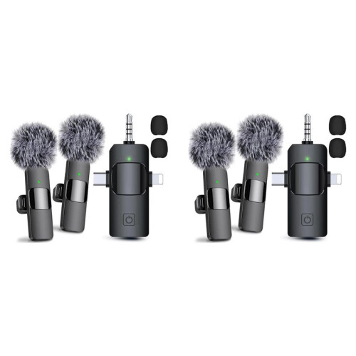 2X Microfones de Lapela Sem Fio 3 em 1 para , Android, Câmera, Microfone USB-C,  Microfone com Redução de Ruído