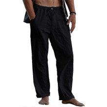 (Black, 3XL) Men's Linen Pants Casual Loose Pants Drawstring Elastic Waist Sweatpants S2024123015691