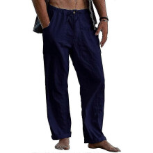 (Blue, M) Men's Linen Pants Casual Loose Pants Drawstring Elastic Waist Sweatpants S2024123015691