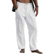 (White, M) Men's Linen Pants Casual Loose Pants Drawstring Elastic Waist Sweatpants S2024123015691
