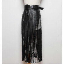 (Black) Punk Style Long Fringe Skirt Belt compatible with Ladies Nightclub Fashion