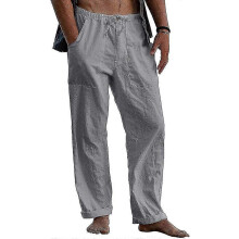 (Light grey, M) Men's Linen Pants Casual Loose Pants Drawstring Elastic Waist Sweatpants S2024123015691