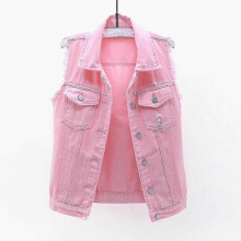 (Pink, XL) Denim Vest Jacket compatible with Women, Sleeveless Outerwear compatible with Spring and Autumn Seasons